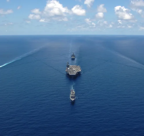 Aerial bow view of George Washington Carrier Strike Group in formation for photo exercise  N S  x