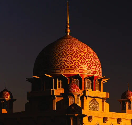 dome putra mosque malaysia sunset scaled x
